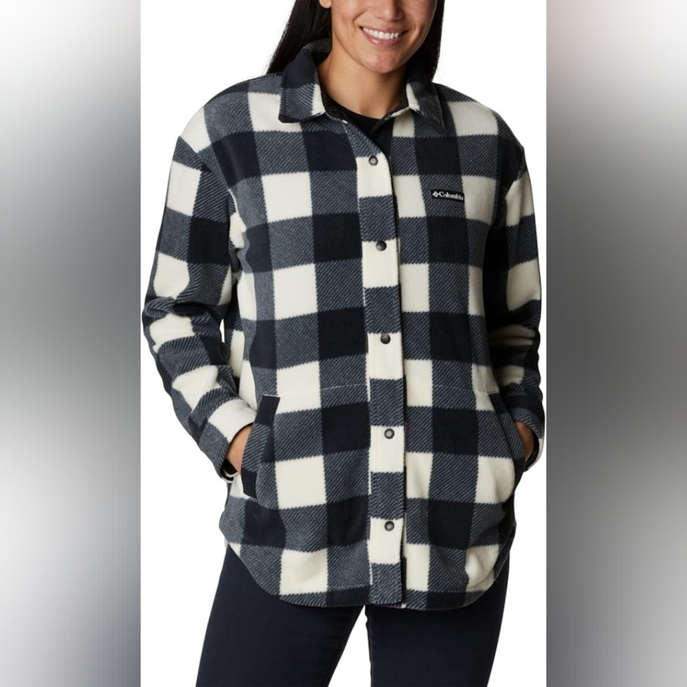 Columbia Benton Springs Fleece Shacket NWOT Small Black & White Buffalo Check